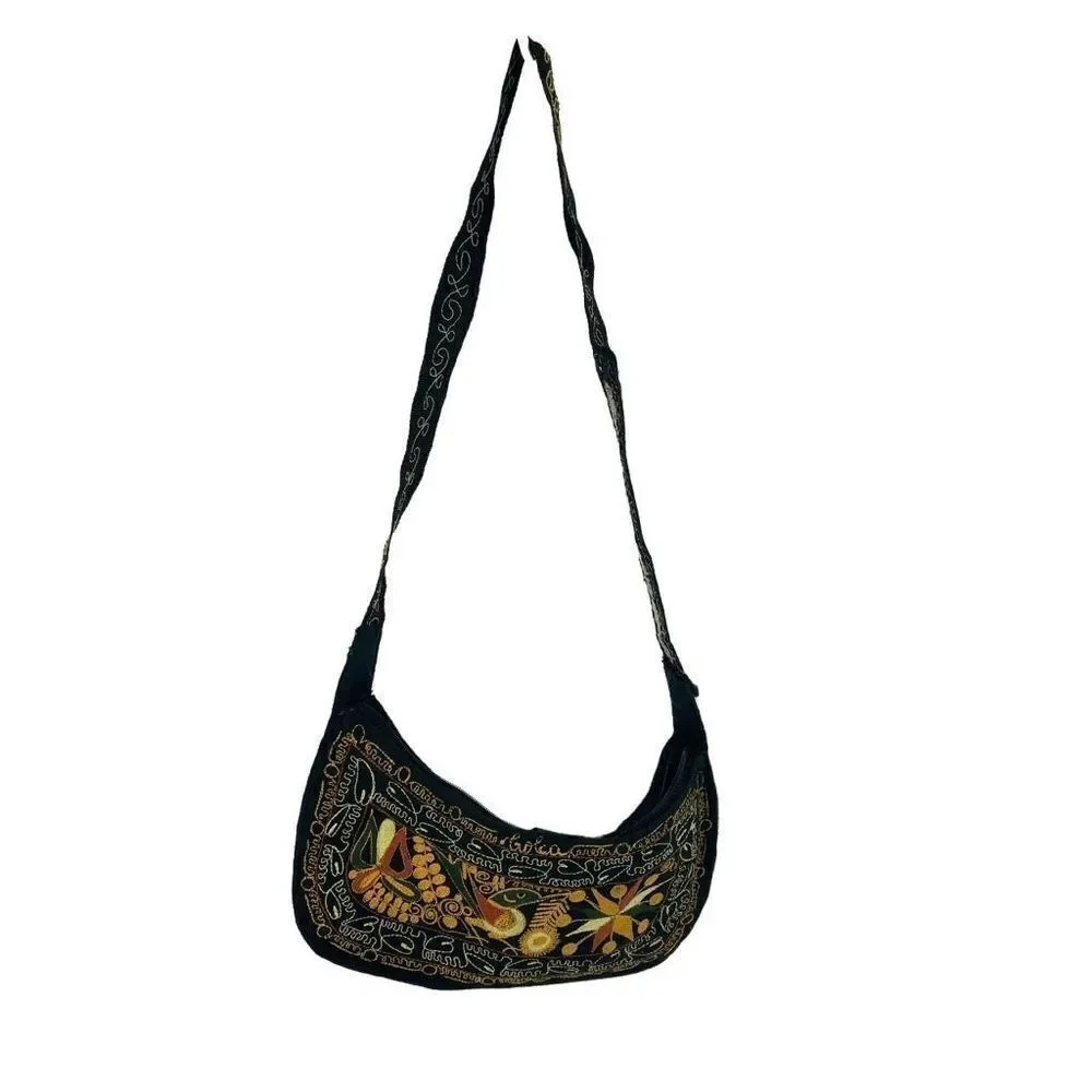 Womens Boho Bag Embroidered Handbag Purse handmade Black Multicolor